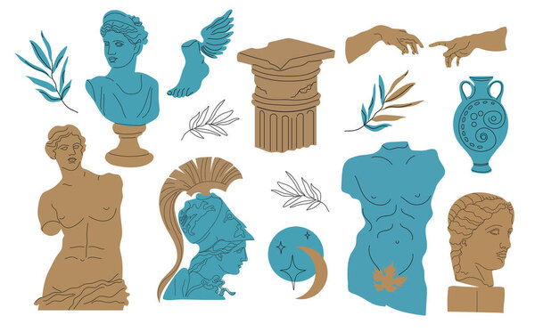 Set of antique statues. Vector hand drawn illustrations of vintage classic statues in trendy bohemian style. Heads, branch, vase, column, arms, torso, stars. Mythical, ancient Greek style.