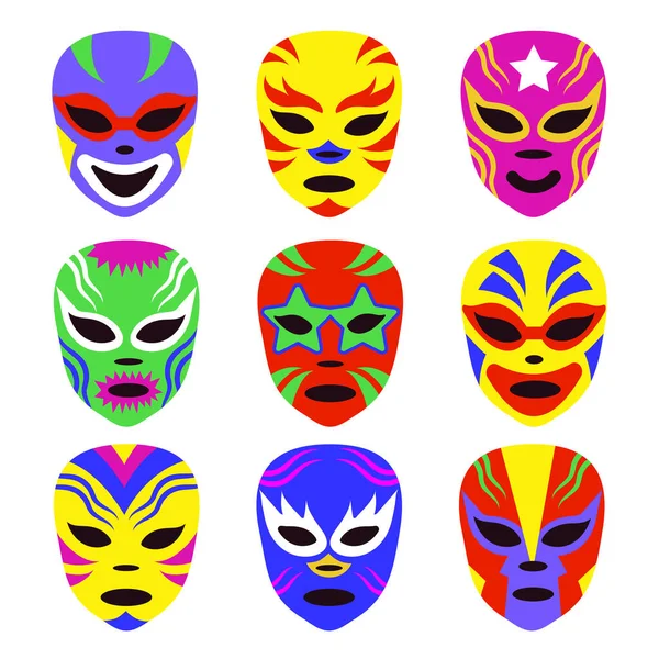 Verschiedene Lucha Libre Masken Luchador Buntes Kopfset Traditionelle Mexikanische Ringermasken — Stockvektor