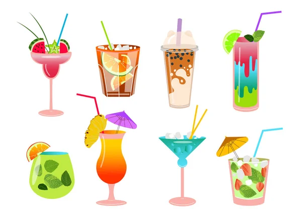 Set Tropischer Sommercocktails Verschiedene Isolierte Gläser Für Cocktails Mit Getränken — Stockvektor