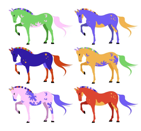 Collection Different Color Horses Isolated White Background Set Magnificent Domestic — Stock Vector