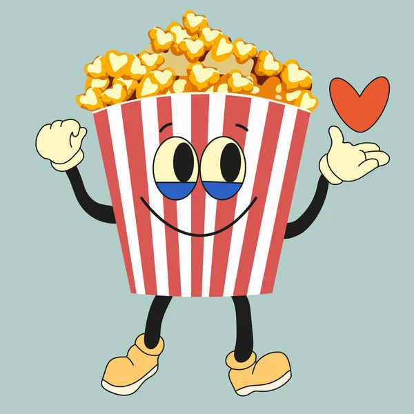 Cartoon Funny Popcorn Character Vector Popcorn Bucket Cute Smiling Face — Stock Vector