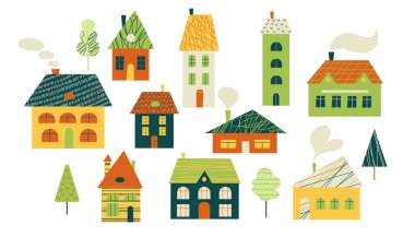 Küçük evler ve ağaçlar. Kağıt kesim stili. El çizimi moda illüstrasyonu. Büyük renk vektörü seti. Düz tasarım.
