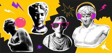 Popüler sanat tarzında kolaj tasarımı elemanları. Retro yarım ton etkisi. 90 'ların retro elementlerine sahip heykeller. Klasik grunge punk kesim şekilli vektör illüstrasyonu.