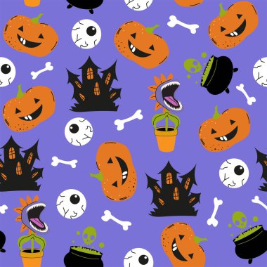 Cadılar Bayramı kusursuz arka plan tasarımı, komik balkabağı, çiçek ve mor arka planda diğer korkutucu veya şenlikli unsurlar. Hediye kağıdı, kart, duvar kâğıdı, dekorasyon için bayram hayaleti deseni