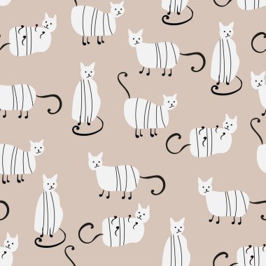 Şık kedi desenleri. El çizimi tarzında sevimli kediler çiziyor. Çizgi film kedisiyle kusursuz bir desen çiziyor. Tekstil, giysi, çarşaf, ofis malzemeleri için..