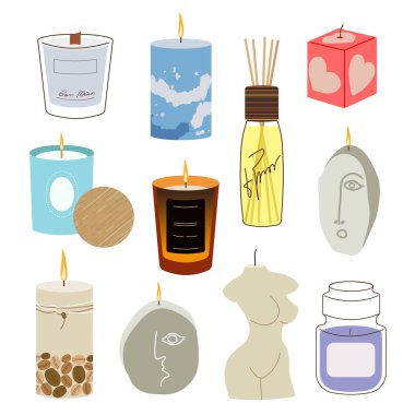 Çeşitli mumlar. Çeşitli şekil ve boyutlarda. Bir sütun, kavanozda bir mum, bir kare, kabın içinde bir mum. Rahatlama ve spa için dekoratif mum.. 