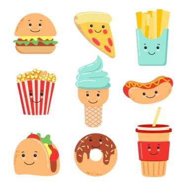 Fast food sevimli çizgi film karakterleri seti. Patates kızartması, pizza, donut, wok, hot dog, burger, kahve, dondurma dağıtım için izole edilmiş illüstrasyonlar, menü, restoran. Beyaz arkaplan