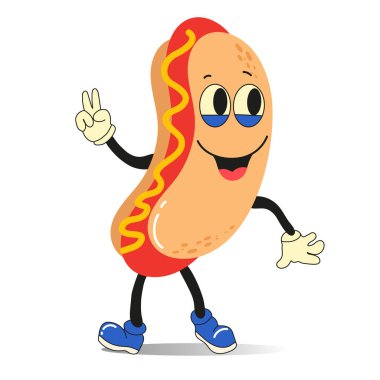 Sosisli sandviçin Kawaii çizimi. Fast food için sevimli komik bir karakter. Düz dizayn. Vektör İllüstrasyonu