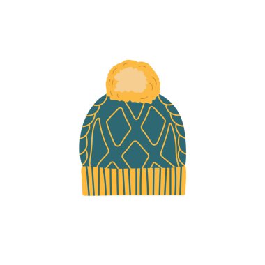Sarı bubo ile örülmüş yeşil kış şapkası. Kış giysileri Düz vektör çizimi. Beyaz arkaplan