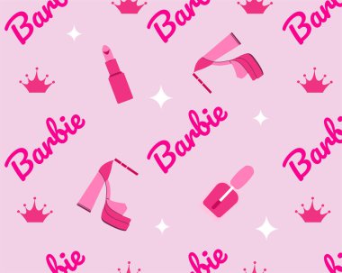 Dnipro, Ukrayna, 08-28-2023 Barbie el yazısı, taç, sandalet, ruj. Pembe Barbie metni moda tarzında. Vektör illüstrasyonu.