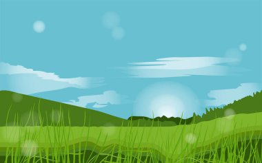 Yaz çayırları. Duvar kağıtları için doğa manzarası ya da çayır, çayırlık ya da açıklık ufuk manzaralı gökyüzü ve güneş, çimen ve ağaçlar, bulutlar. Vektör illüstrasyonu