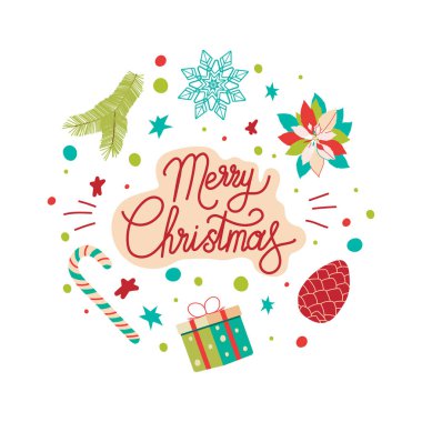 Mutlu noeller. Kaligrafi ile birlikte iyi tatiller. Çizilmiş tasarım elementleri. Vektör noel harfi. Rozet beyaz arka plan..