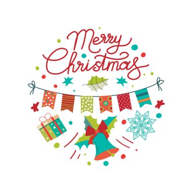 Mutlu noeller. Kaligrafi ile birlikte iyi tatiller. Çizilmiş tasarım elementleri. Vektör noel harfi. Rozet beyaz arka plan..