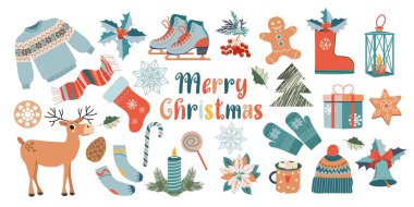 Büyük Noel sembolleri ve tasarım öğeleri seti. Çıkartmalar hazır. El çizimi biçimi.