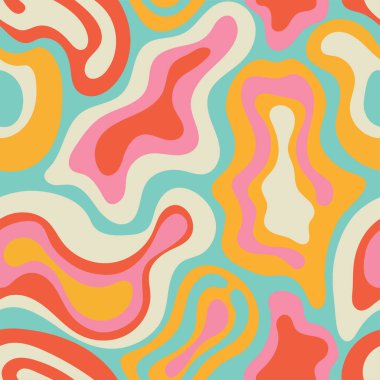Retro groovy psychedelic background. Trippy Wavy Girdap Deseni. Renkli soyut sanat eserlerinin minimalist estetik tasarıma uygun vektör grafiği. Vektör İllüstrasyonu 