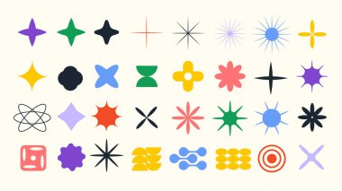 Bir dizi modern fütürist figür. Gaddarlık tarzında soyut geometrik şekiller. Yıldız şekilleri. Vektör nesneleri. 