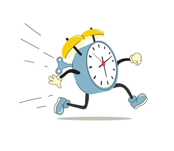 Funny Retro Alarm Clock Character Being Late Busy Clock Running — Stock Vector