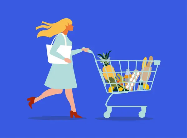 Mädchen Mit Einkaufswagen Voller Lebensmittel Frau Einkaufen Lebensmitteleinkaufen Flache Vektorabbildung — Stockvektor