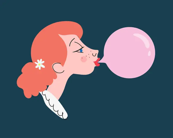 Happy Child Pink Bubblegum Fun Childhood Child Popping Gum Bubbles — Stock Vector
