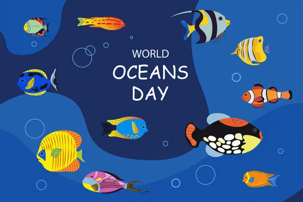 World Oceans Day June Underwater Ocean Background Various Sea Fish — Stock Vector