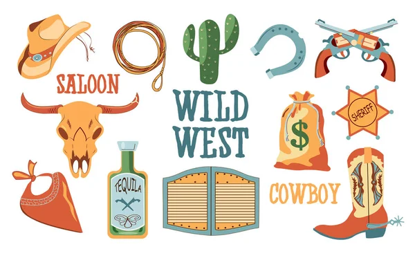 Die Reihe Von Vektorillustrationen Des Wilden Westens Zeichentrickset Mit Cowboyhut — Stockvektor
