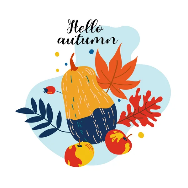 Merhaba sonbahar mesajı ve balkabağı dolu tebrik kartı. Beyaz arka planda izole edilmiş yapraklarla el yapımı parlak balkabakları. Tasarım için harfleri olan botanik illüstrasyon