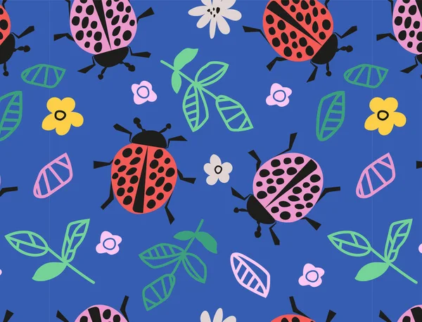 Marienkäfer Mit Blüten Und Blättern Mit Nahtlosem Muster Vektor Illustration — Stockvektor