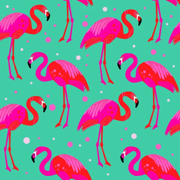 Wunderschönes Nahtloses Vektormuster Mit Rosa Flamingos Auf Grünem Hintergrund Abstrakte — Stockvektor