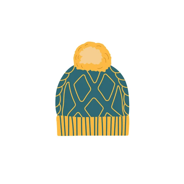 Sarı Bubo Ile Örülmüş Yeşil Kış Şapkası Kış Giysileri Düz — Stok Vektör