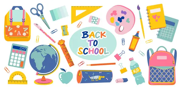 Set Study School Supplies Backpack Pencils Brushes Paints Ruler Sharpener — Stock Vector