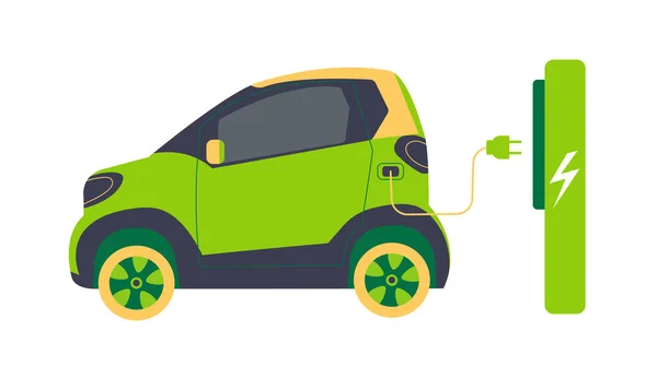 現代電動スマートSuv 充電ステーションで充電する緑色の電気自動車のフラットベクターイラスト エレクトロモビリティの電子移動の概念 隔離された平らなベクトルのイラスト — ストックベクタ