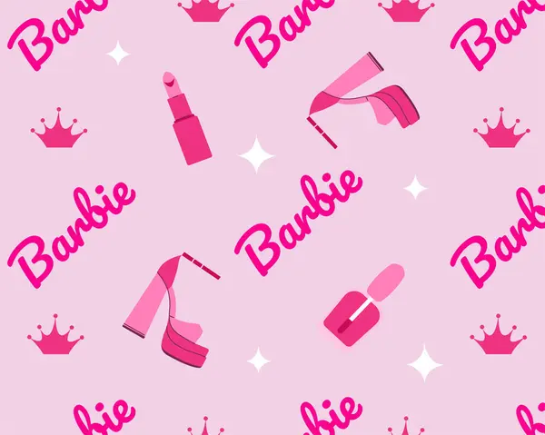 Dnipro, Ukrayna, 08-28-2023 Barbie el yazısı, taç, sandalet, ruj. Pembe Barbie metni moda tarzında. Vektör illüstrasyonu.