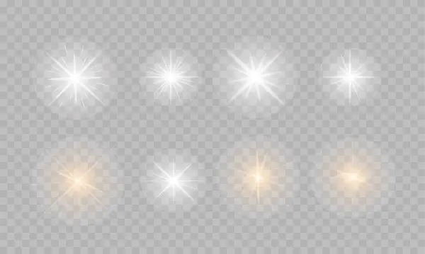 Conjunto Estrellas Brillantes Destellos Brillantes Luces Con Luz Radiante Sobre — Vector de stock