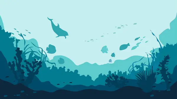 Deniz dibi bitki örtüsü ve fauna, deniz tabanı dünya vektör arka planı. Yunus silueti, deniz yosunu ve resif, sualtı manzarasındaki balık okulu..