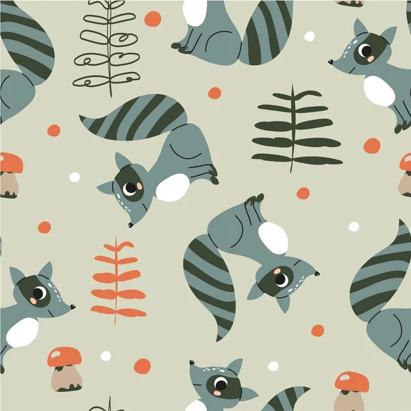 Nahtloses Muster Mit Zeichentrick Waschbären Bäumen Dekorelementen Kindliche Textur Für — Stockvektor
