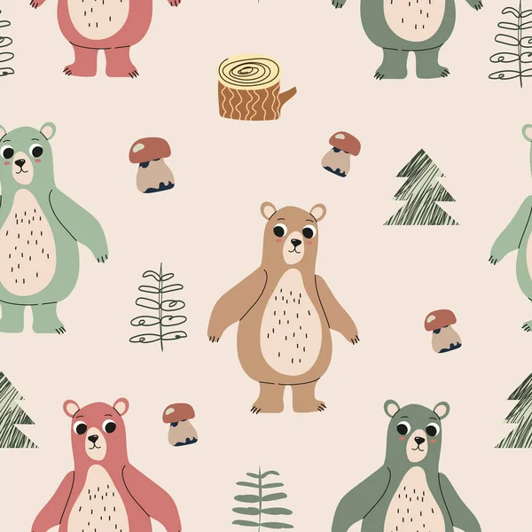 Nahtloses Muster Mit Zeichentrickbären Bäumen Dekorelementen Kindliche Textur Für Stoff — Stockvektor