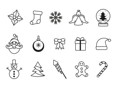 Yeni yıl simgesi birçok tasarım elemanı belirledi. Yeni yıl koleksiyonu. İnce çizgi tasarımı. Vektör illüstrasyonu. 