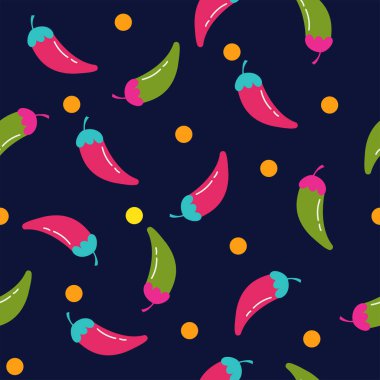 Acı kırmızı ve yeşil kırmızı biberli, dikişsiz desen. Meksika ya da Asya yemekleri için organik baharatlar. Gıda organik desensiz desen tasarımı. Koyu arkaplan.