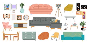 Oturma odasının iç kısmı bembeyaz. Samimi mobilyalar, kanepe, koltuklar, masalar, ev çiçekleri, lambalar, dekorlar ve diğer tecrit edilmiş elementler. El çizimi biçimi.