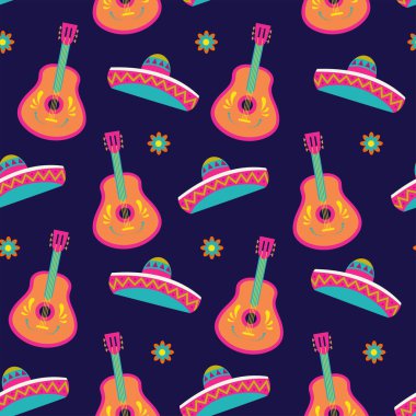 Geleneksel sombrero şapkalı ve gitarlı kusursuz desen, arka planda tekrarlanan Cinco de Mayo deseni, koyu arkaplanda vektör çizimi.