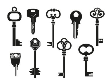 El çizimi siyah Vector Keys. Anahtarlar beyaz arkaplanda izole edildi. Çeşitli, eski, antika ve modern anahtarlar. Tüm elementler izole edildi.