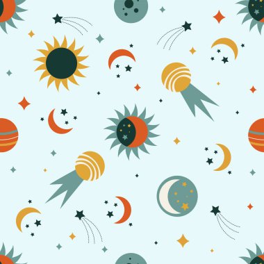 Güneş tutulması düz çizgi film tarzında kusursuz desen. Çocuklar için mükemmel kumaş, tekstil, çocuk odası duvar kâğıdı. Vektör illüstrasyonu.