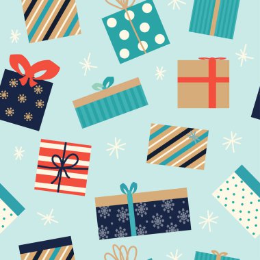 Kış tatili için güzel el çizimi hediye kutuları. Noel ve Yeni Yıl için kumaş ya da kağıt üzerinde kusursuz desen. Hediye ve fiyonklarla renkli desenler çizilmiş. Moda deseni.