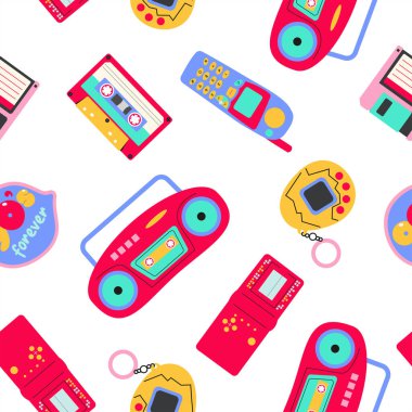 Modern tarz düz çizgi stilinde klasik 80 'ler-90' lar elementleri. Moda kusursuz bir model. El çizimi vektör illüstrasyonu.