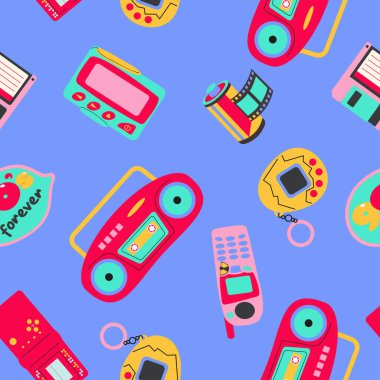 Modern tarz düz çizgi stilinde klasik 80 'ler-90' lar elementleri. Moda desensiz. El çizimi vektör çizimi..