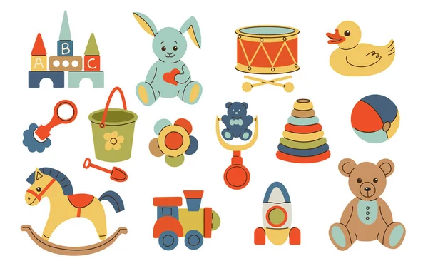 Různé Izolované Hračky Pro Děti Míč Buben Dřevěný Vlak Králíček — Stockový vektor