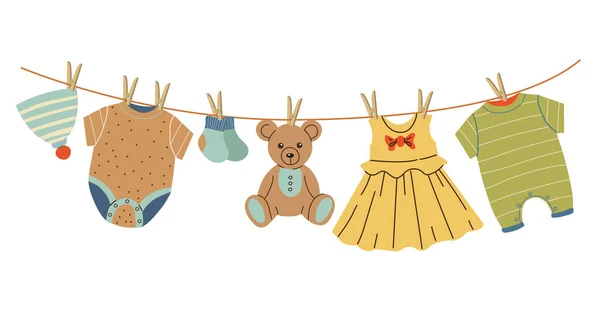 Детская Одежда Сухая Игрушка Веревке Шляпа Плюшевый Мишка Ползунки Боди — стоковый вектор