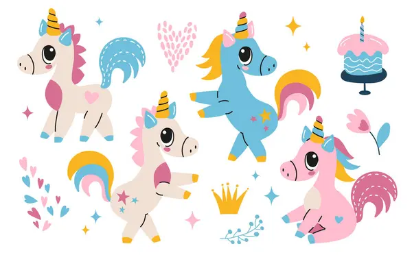 Set Unicorns Cartoon Flat Vector Illustrations Isolated White Background Collection — Stock Vector