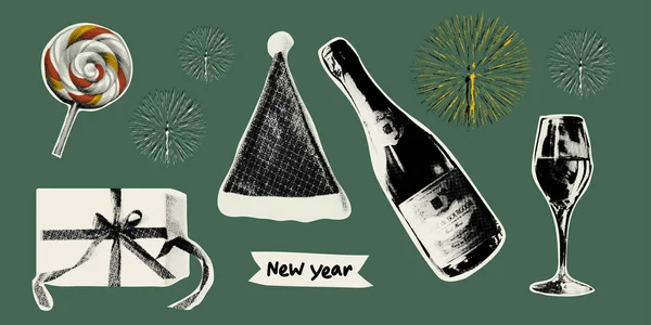 Popüler sanat tarzında kolaj tasarımı elemanları. Noel ve Yeni Yıl stilistleri, şampanya, şarap kadehi, hediye kutusu, Noel Baba şapkası, Noel şekeri ve havai fişekler de dahil olmak üzere modaya uygun bir yarım ton sticker 'lar..
