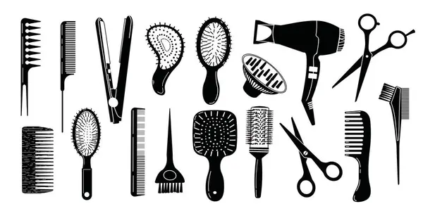ヘアスタイリストツールセット 美容室のための黒と白のアイコン 美容院のためのヘアドライヤー コーム ハサミ プロのツール ベクターイラスト — ストックベクタ